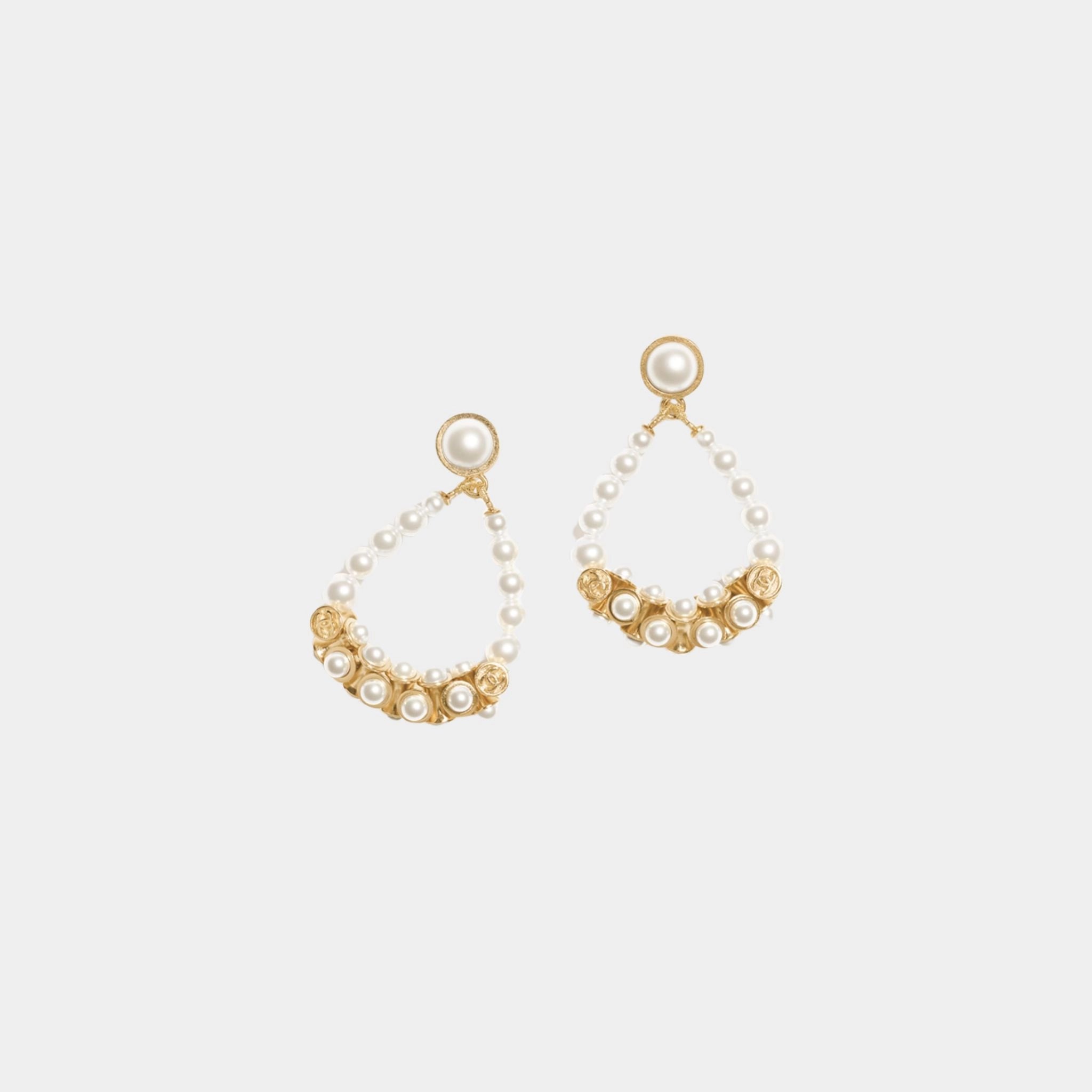 Pendant Earrings Metal &amp; Glass Pearls Gold &amp; Pearly White