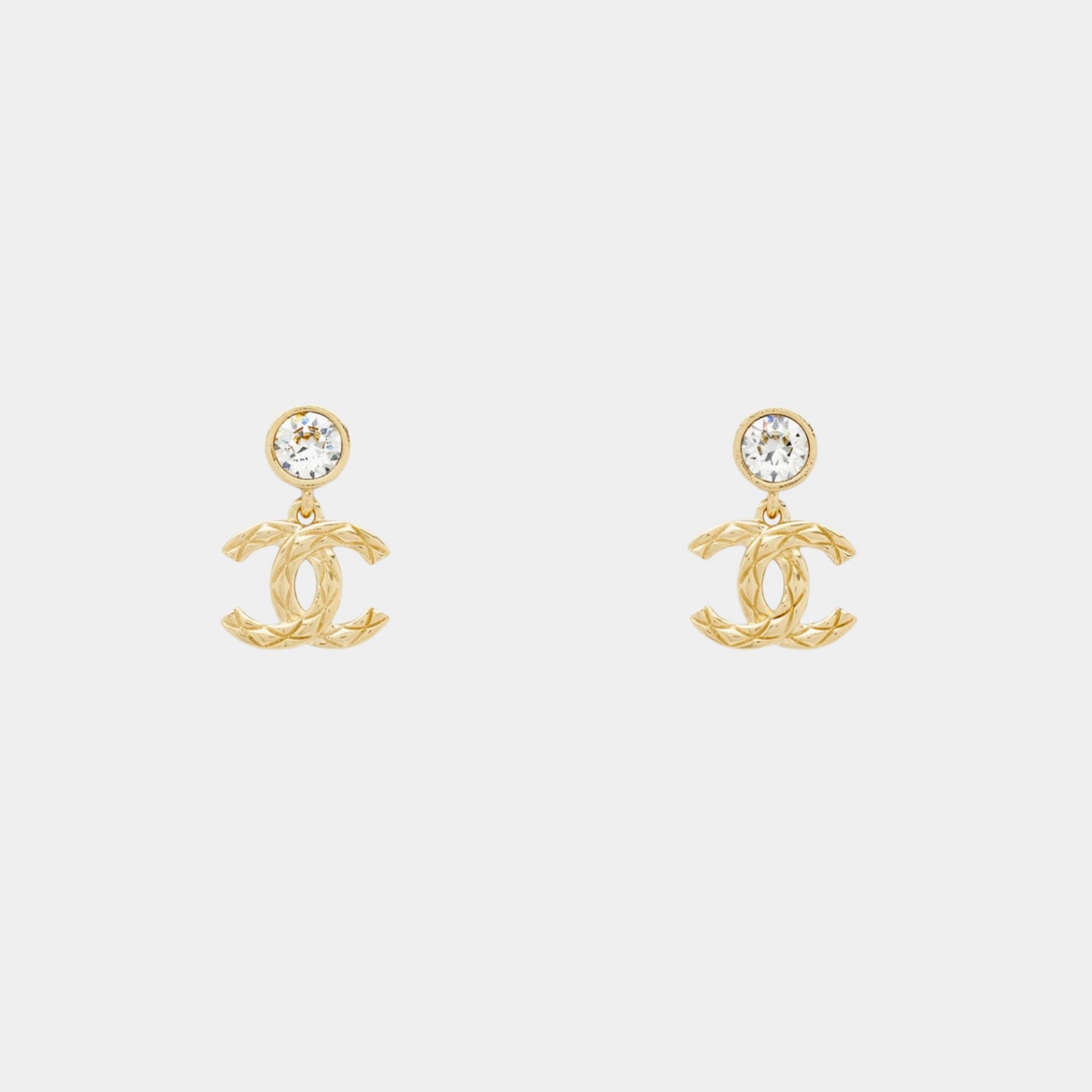 Chanel Pendant Embossed CC Earrings Metal &amp; Diamantes Gold &amp; Crystal