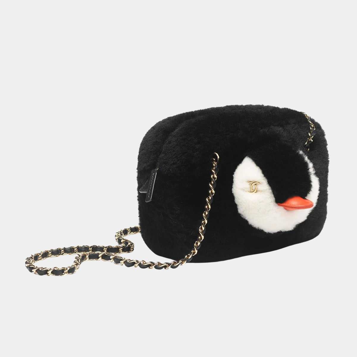 Penguin Small Camera Case Shearling Lambskin & Gold-Tone Metal  Black White & Orange — Default Title