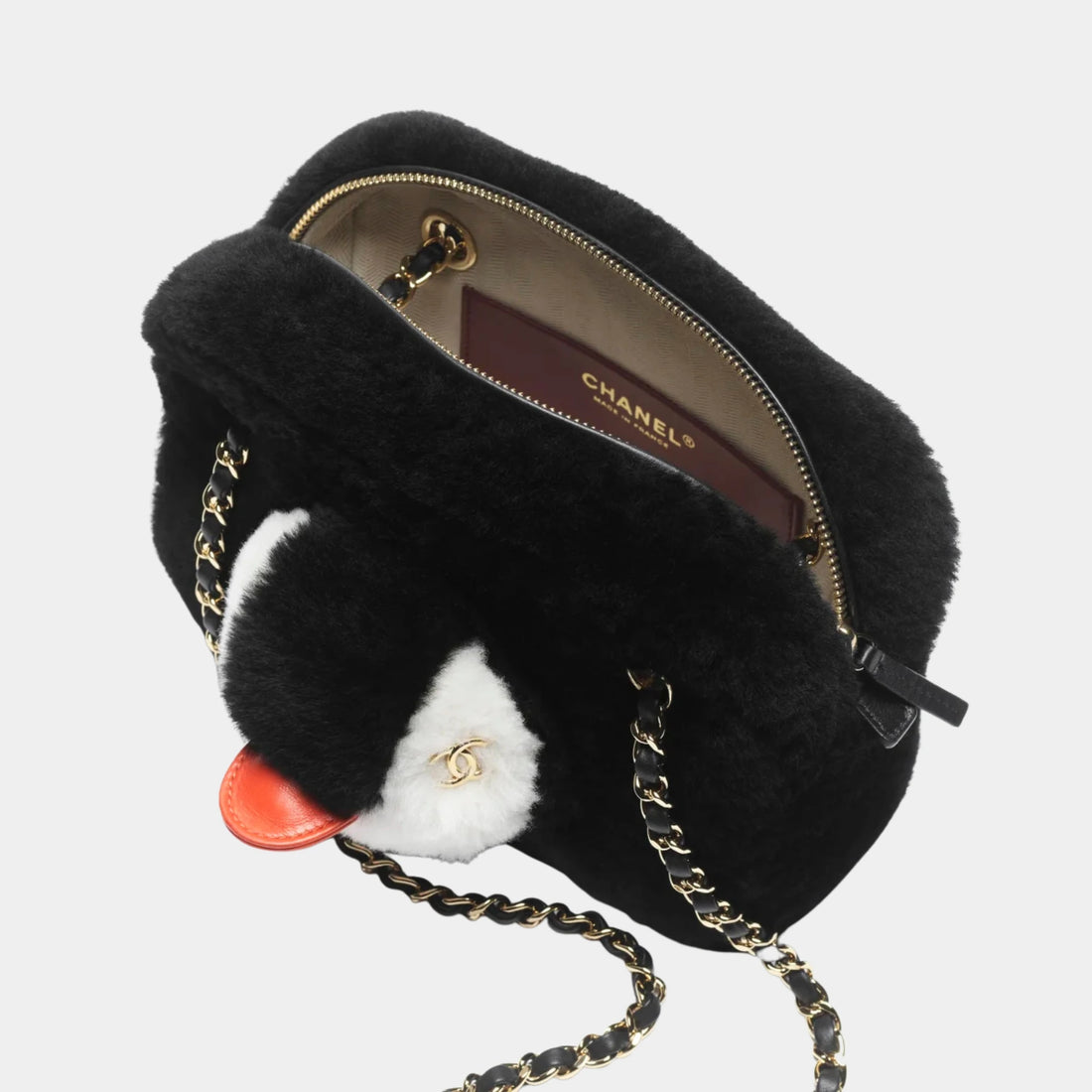 Chanel Penguin Small Camera Case Shearling Lambskin & Gold-Tone Metal  Black White & Orange