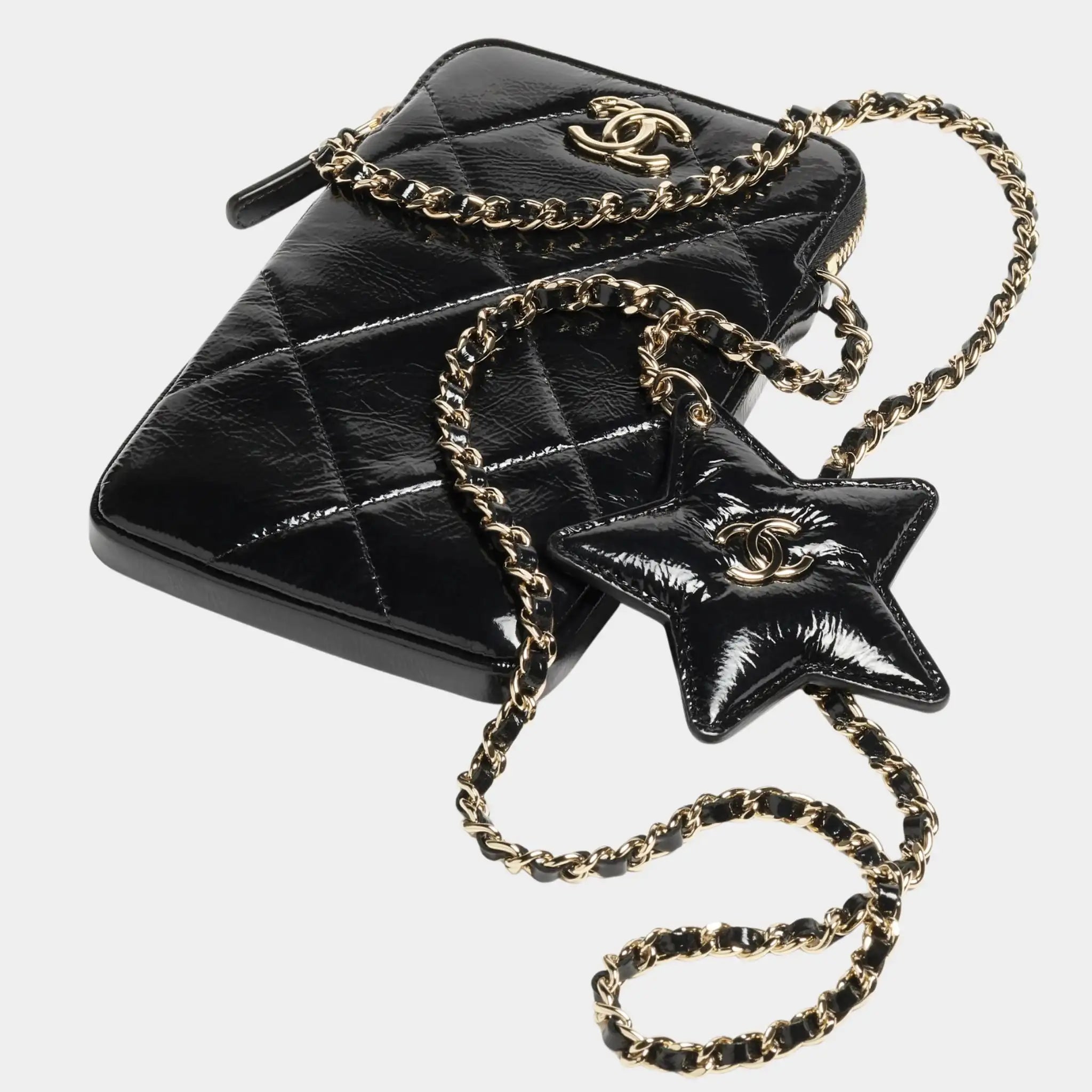Phone case with chain Black Shiny Crumpled Calfskin