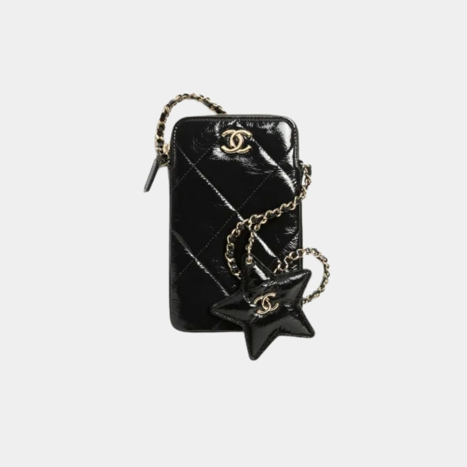 Phone case with chain Black Shiny Crumpled Calfskin