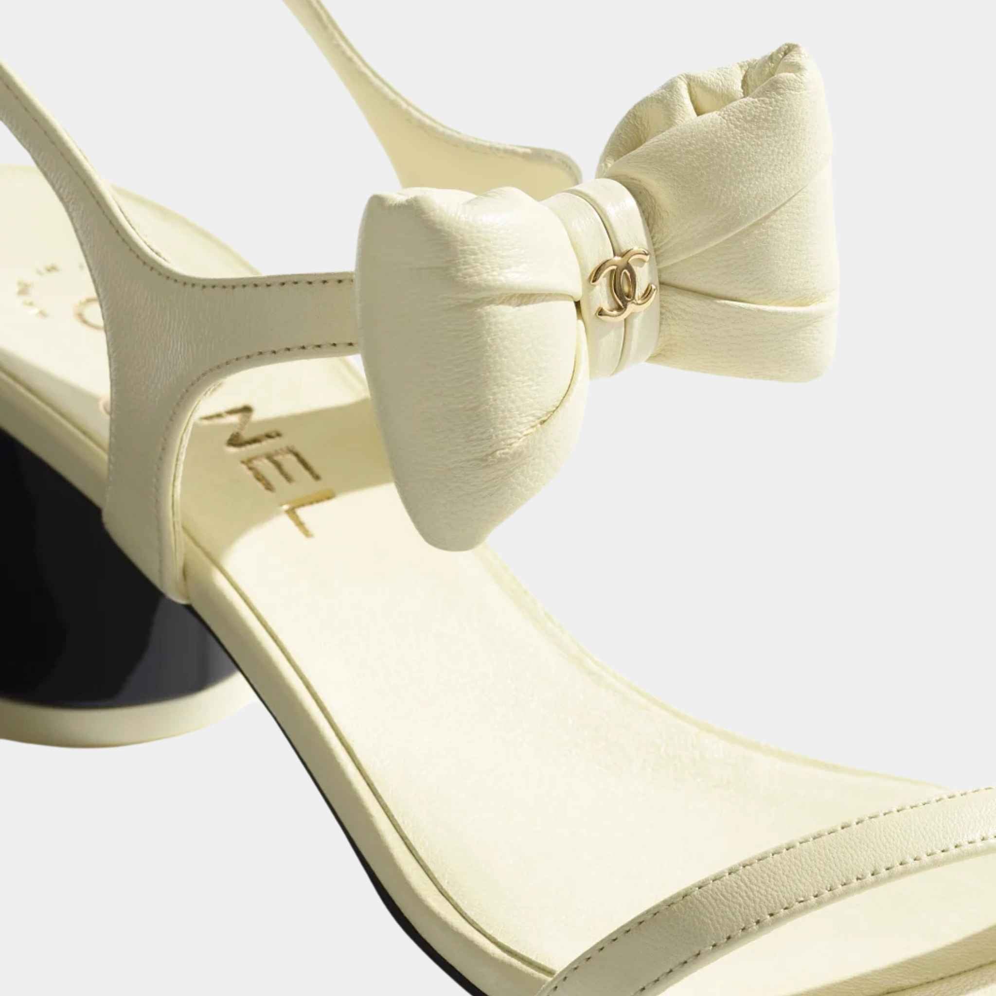 Chanel Sandals Lambskin, Light Yellow, Closeup