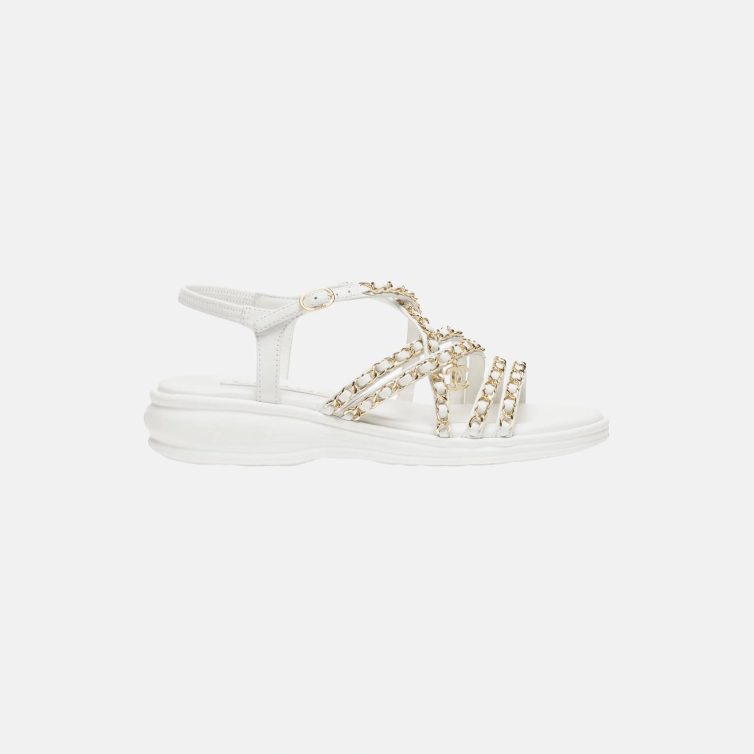 Chanel Sandals in Lambskin and Metal, White, Side