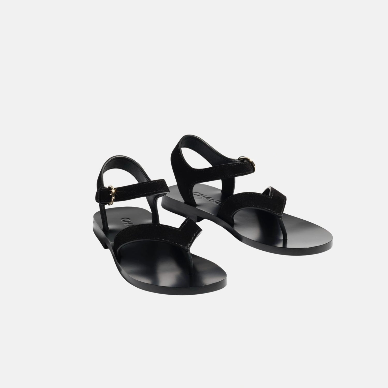Chanel Sandals in Suede Calfskin, Black, Front