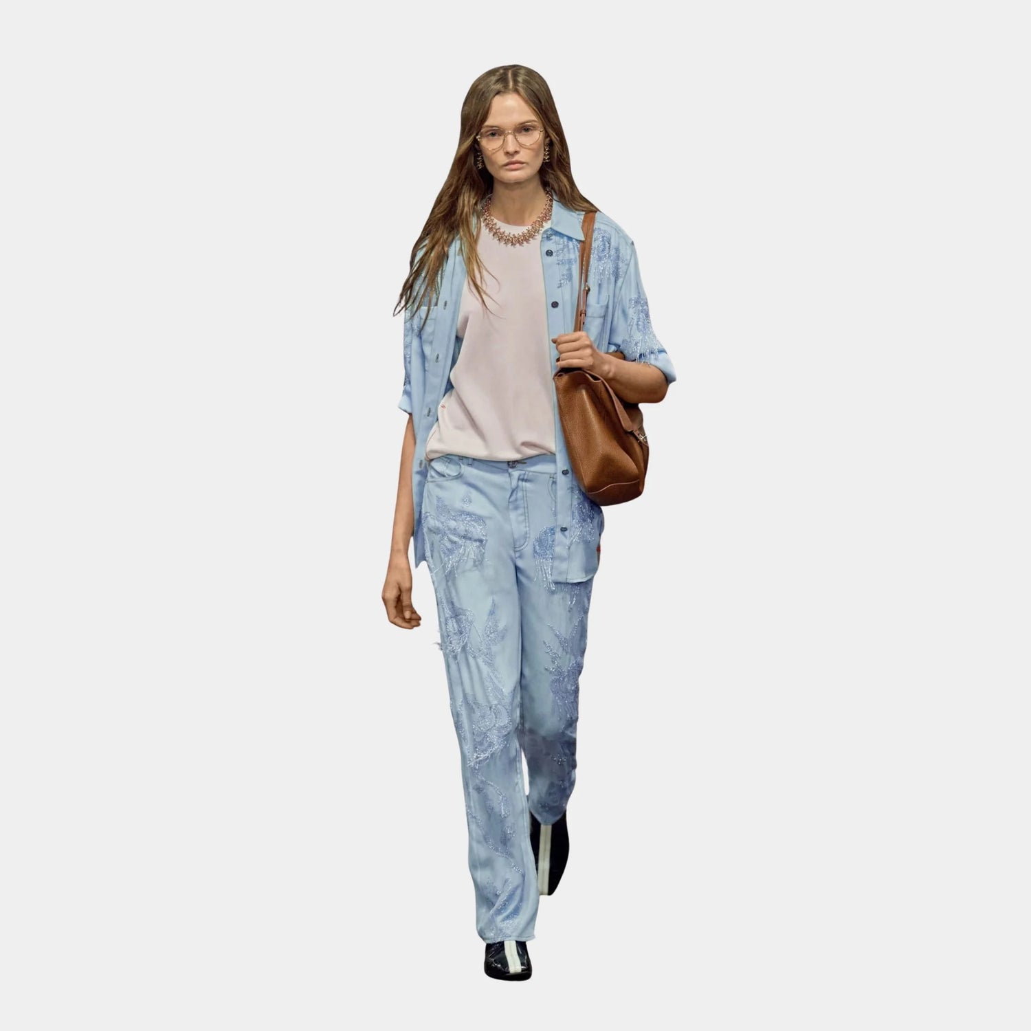 Chanel Shirt Embroidered Silk Charmeuse in Light Blue, Front