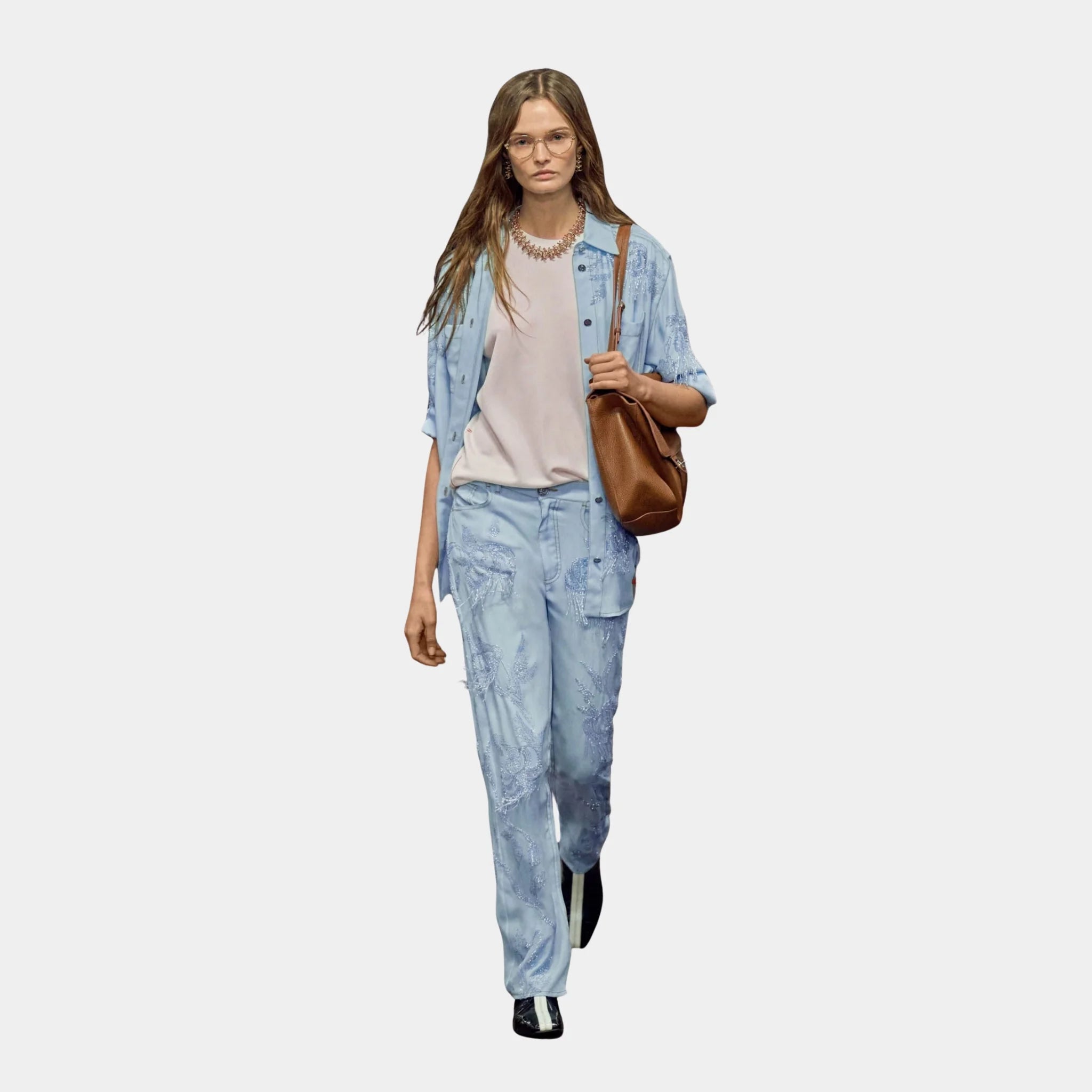 Chanel Shirt Embroidered Silk Charmeuse in Light Blue, Front