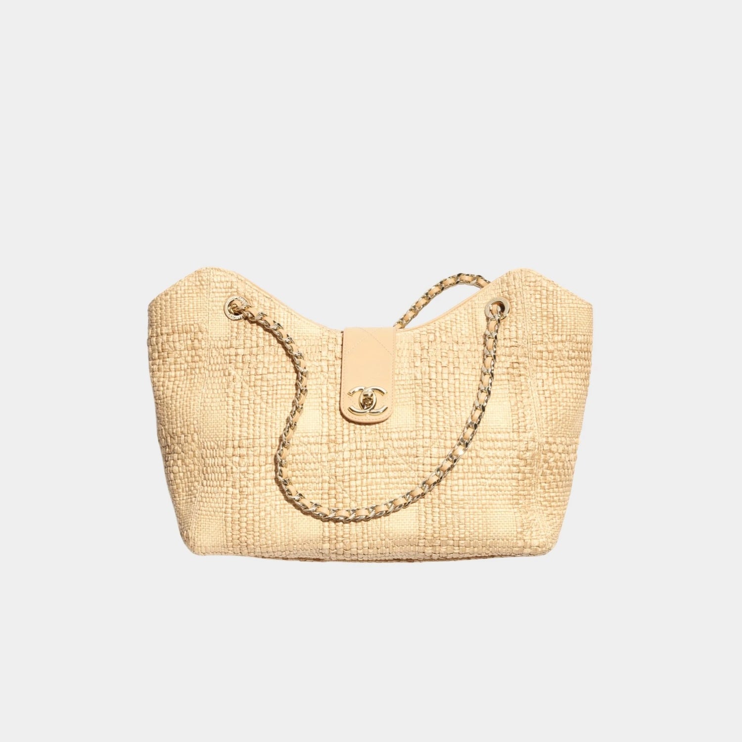 Shopping Bag Braided Raffia &amp; Gold Tone Metal Beige, Front 