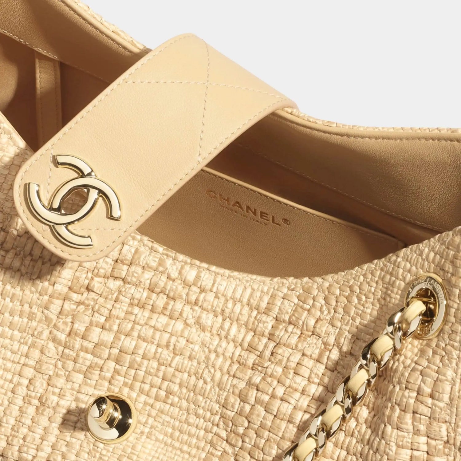 Shopping Bag Braided Raffia &amp; Gold Tone Metal Beige, Interior