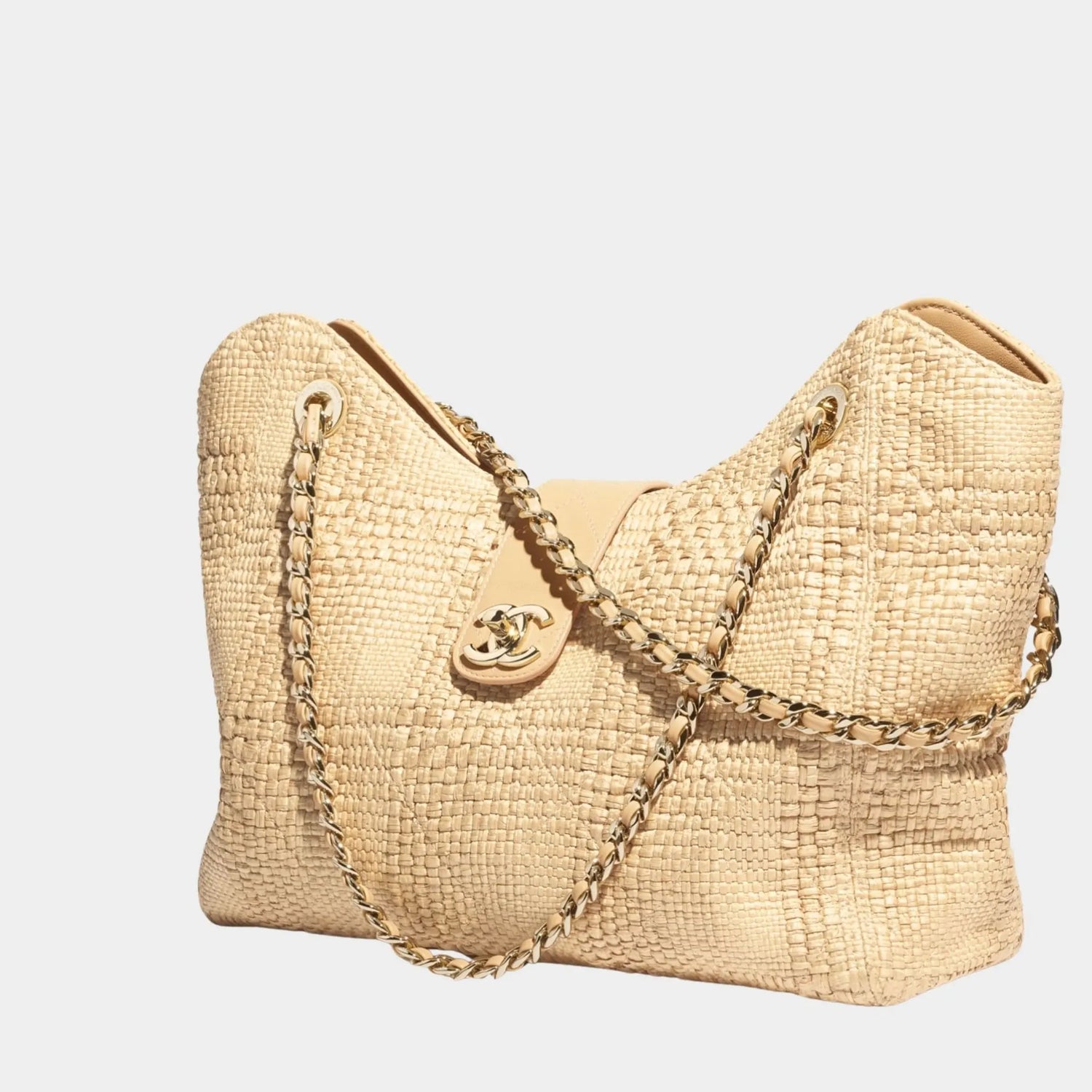 Shopping Bag Braided Raffia &amp; Gold Tone Metal Beige, Side