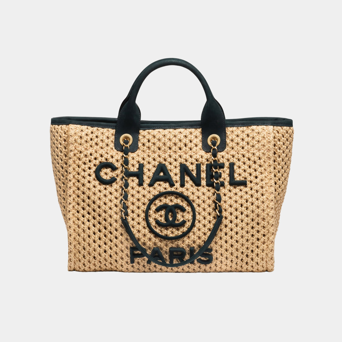 Chanel Shopping Bag Braided Straw & Suede Calfskin in Beige & Black, Front