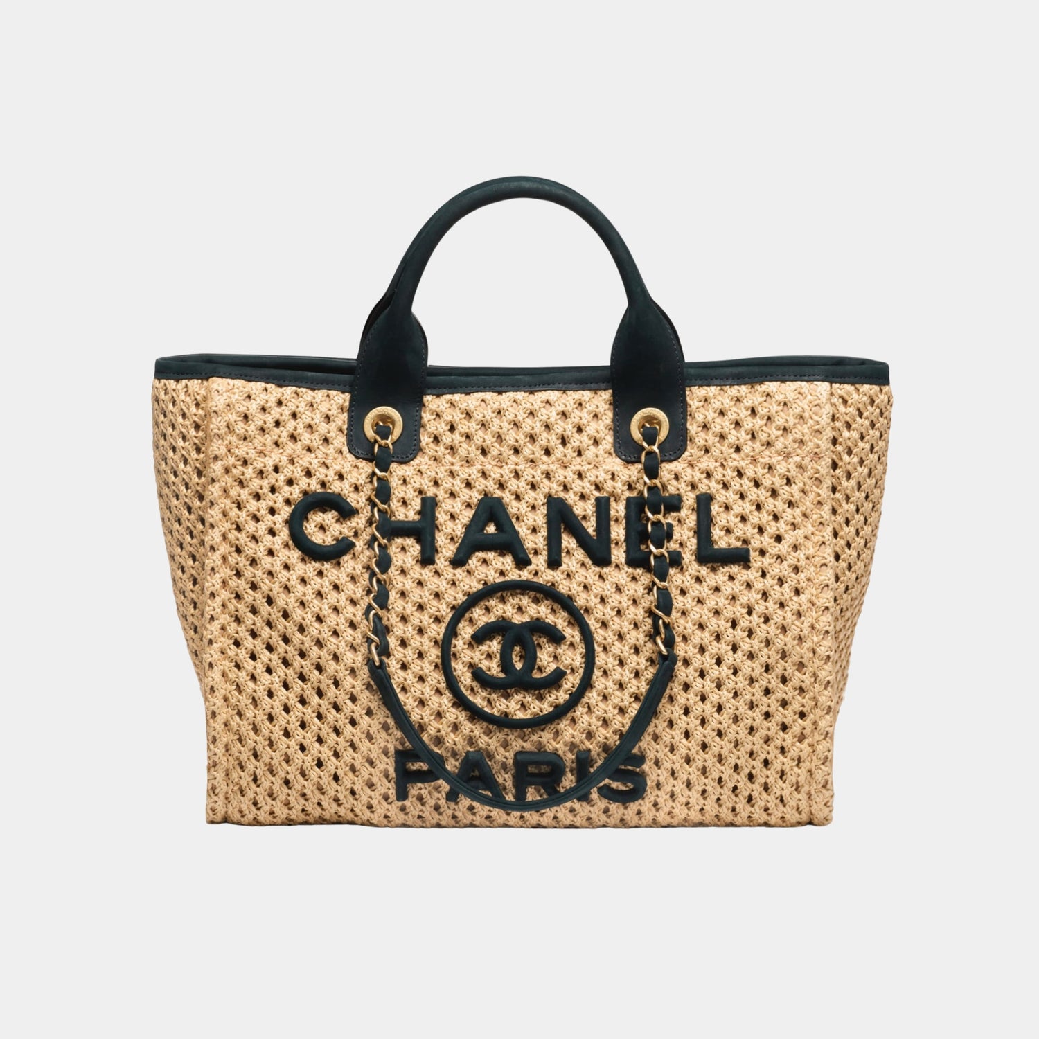 Chanel Shopping Bag Braided Straw &amp; Suede Calfskin in Beige &amp; Black, Front