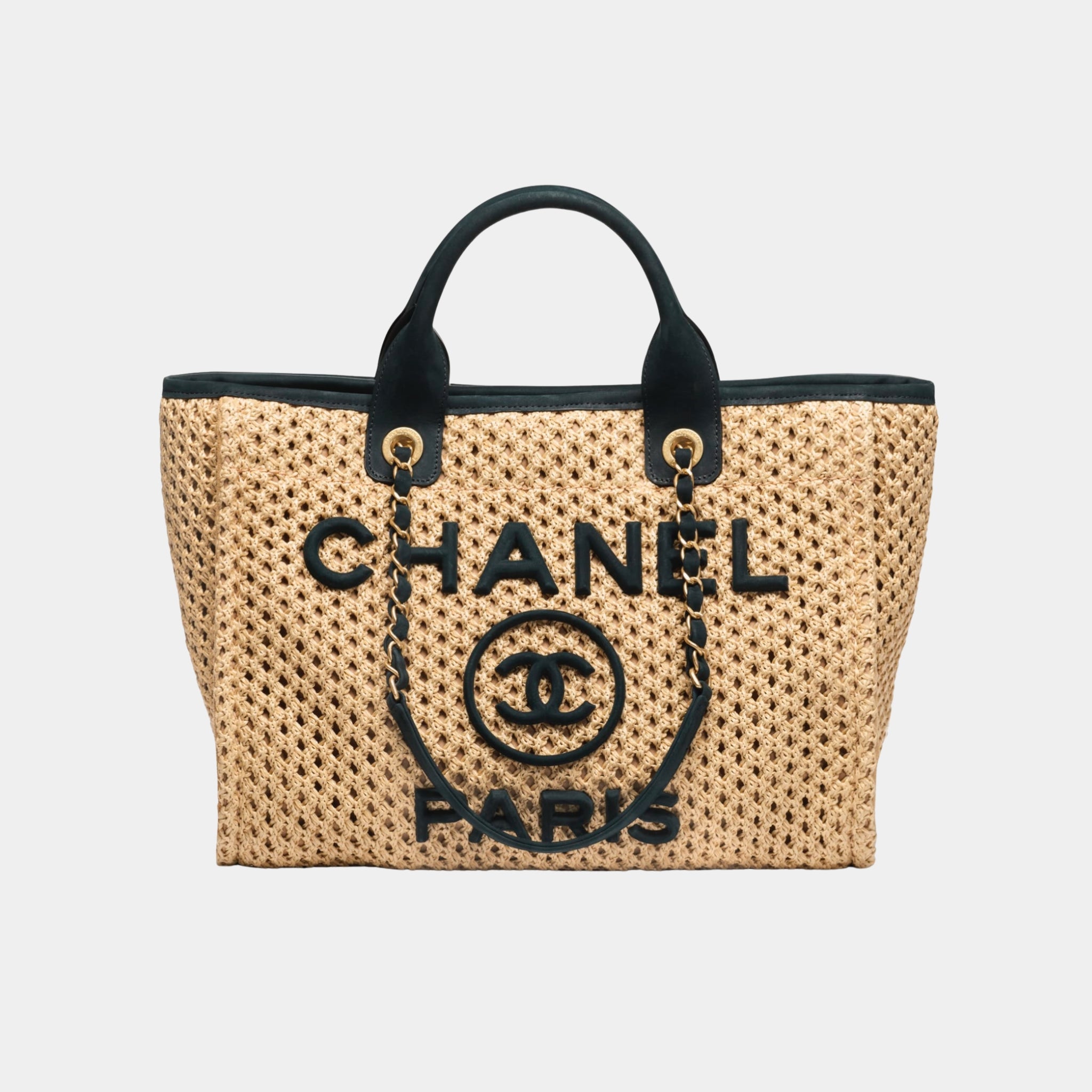 Chanel Shopping Bag Braided Straw &amp; Suede Calfskin in Beige &amp; Black, Front