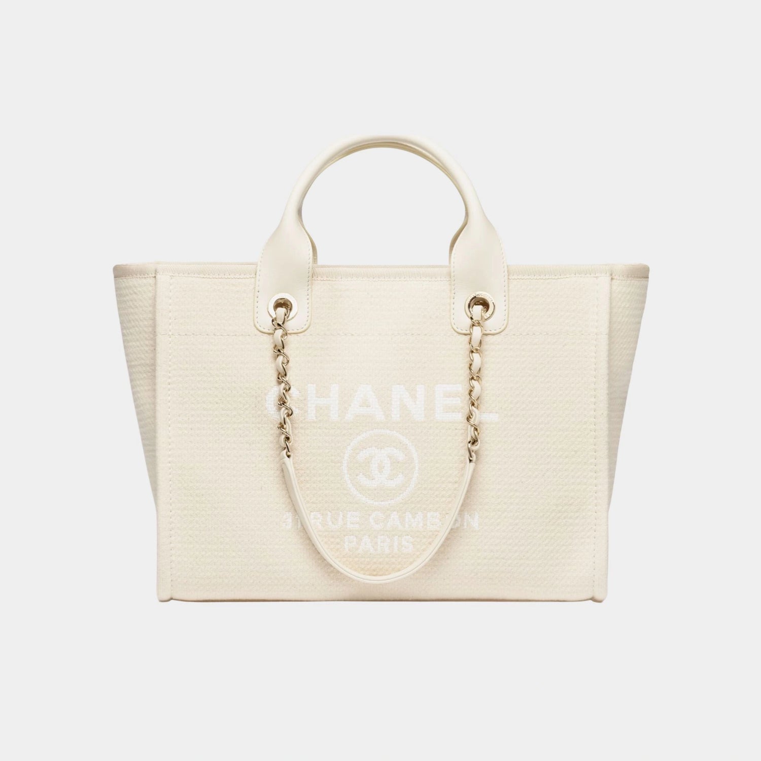 Chanel Shopping Bag Canvas &amp; Gold Tone Metal Light Beige, Front 