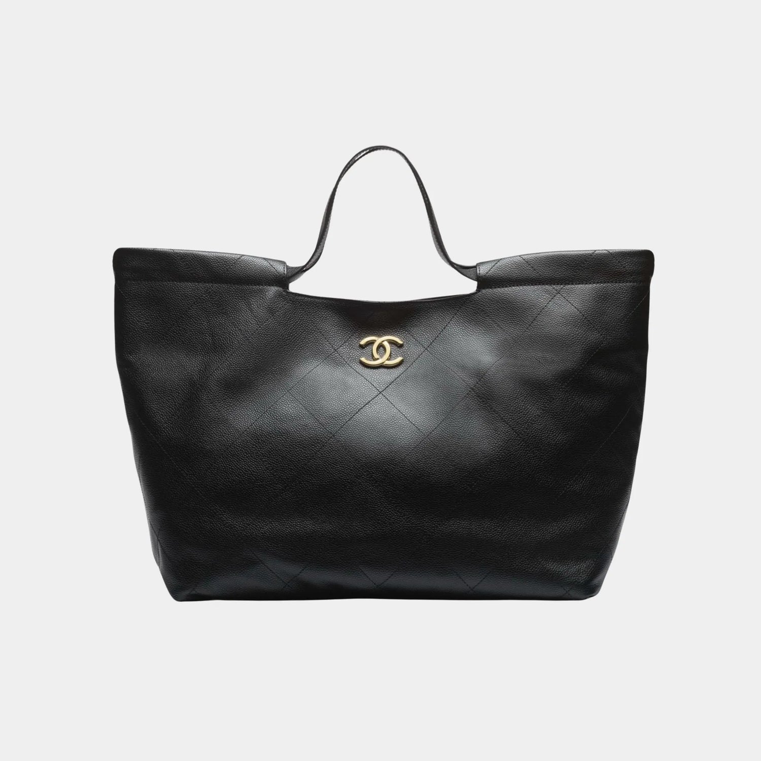 Shopping Bag Grained Calfskin &amp; Gold Tone Metal Black, Front 
