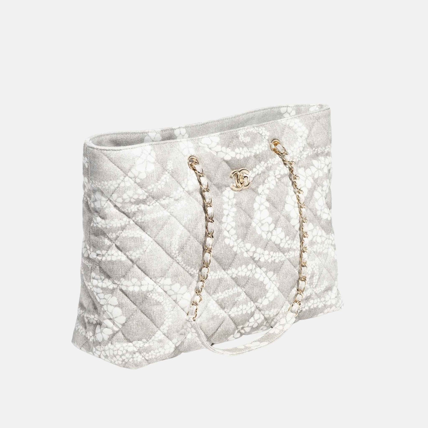 Chanel Shopping Bag In Printed Denim From Coco Beach Collection, Grey, Front