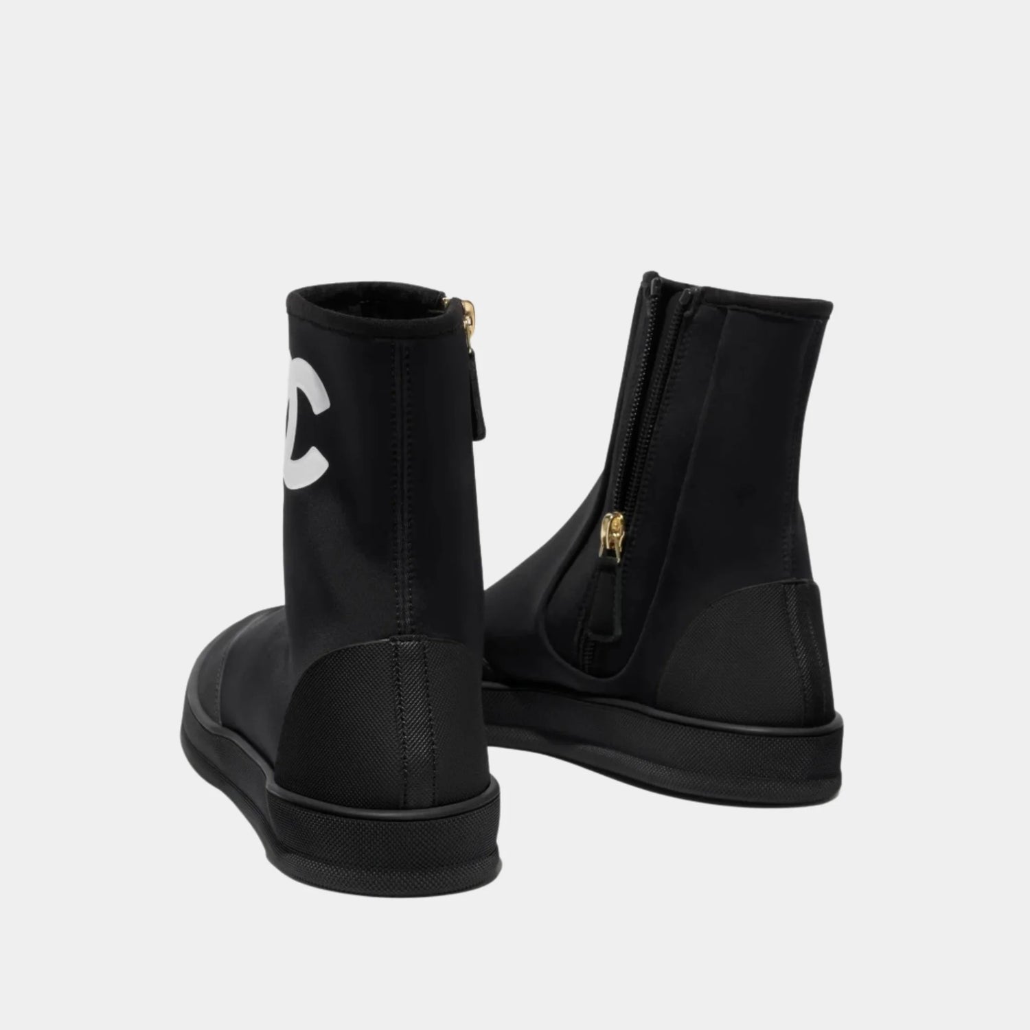 Chanel Short Boots in Mixed Fibers &amp; Rubber, Black, White, Back