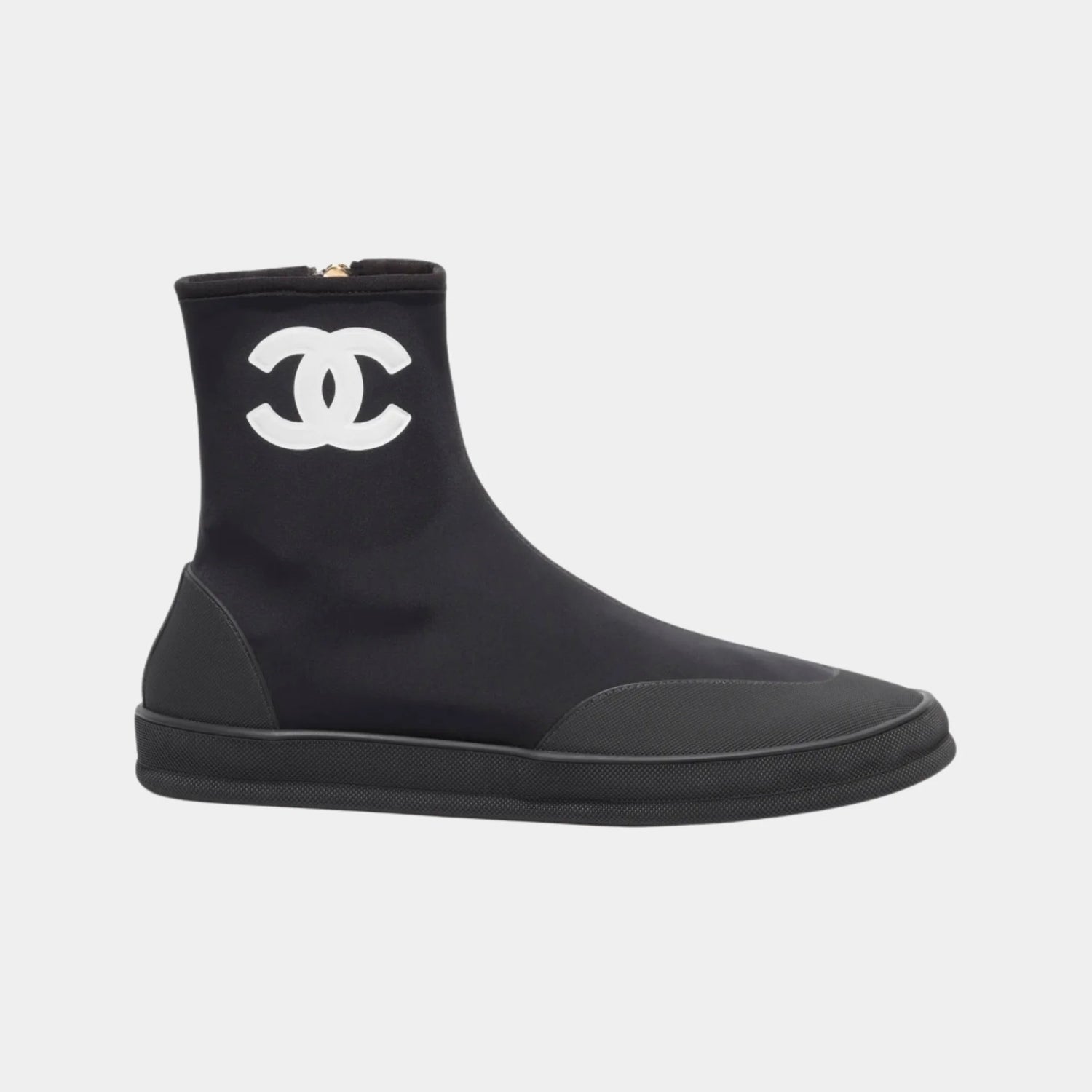 Chanel Short Boots in Mixed Fibers &amp; Rubber, Black, White, Side