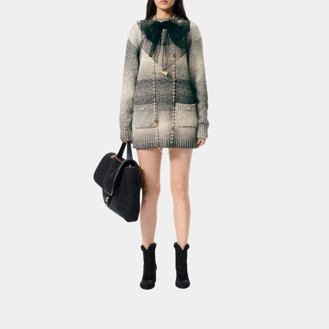 Chanel Short Dress in Textile Paper, Grey, Ecru, Front