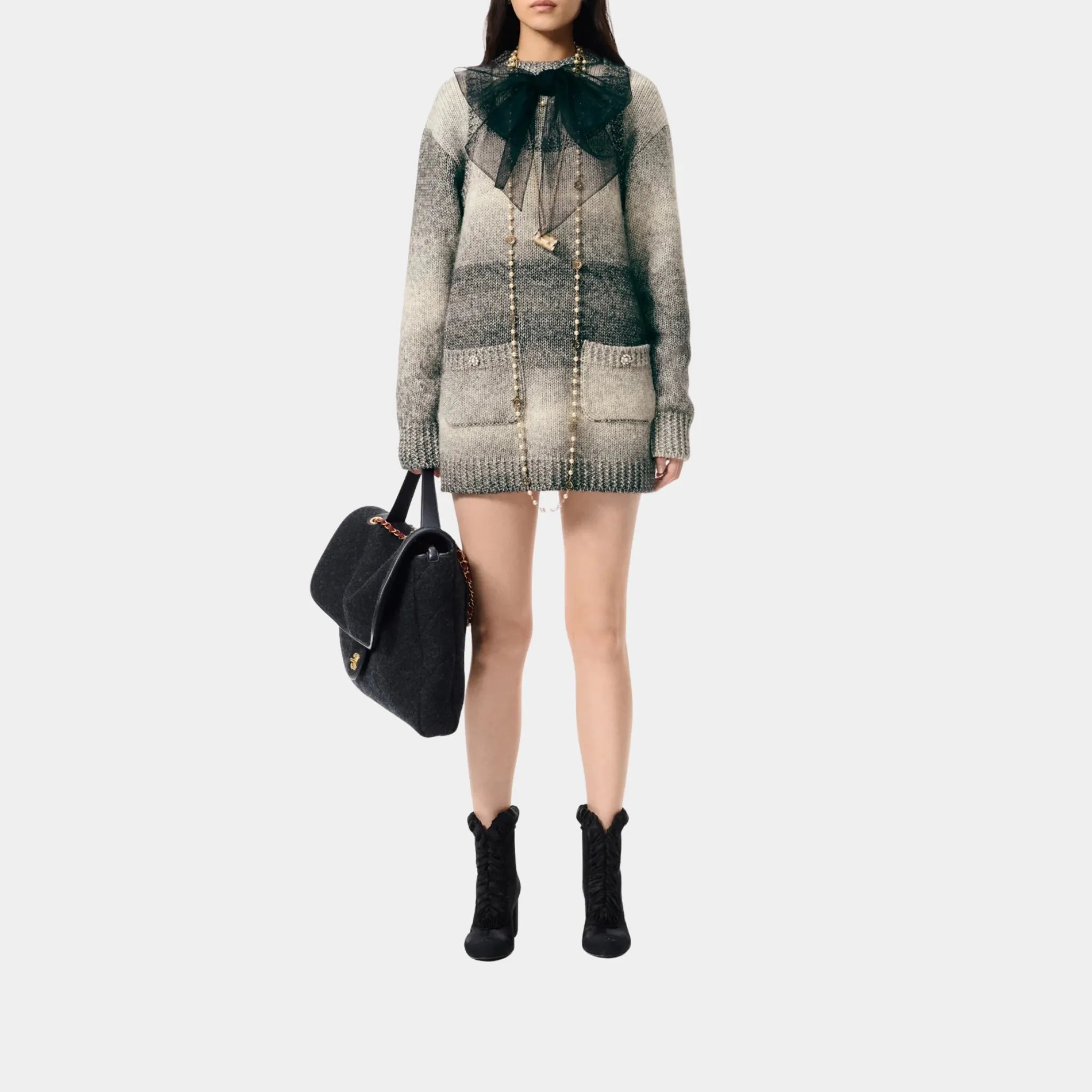 Chanel Short Dress in Textile Paper, Grey, Ecru, Front