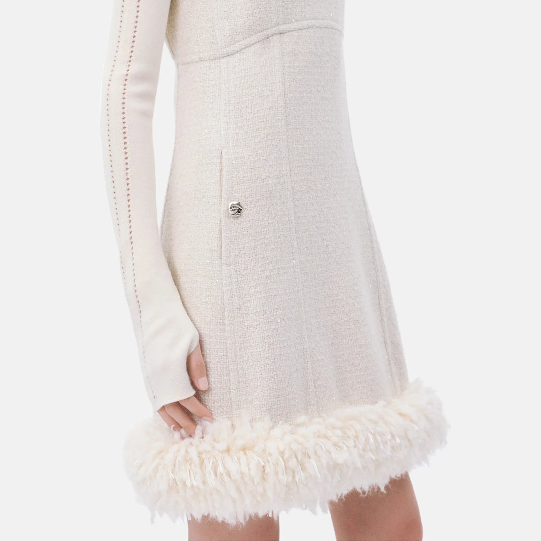 Chanel Short Dress Tweed in Ecru and Silver, Coco Neige 2026, close up detail