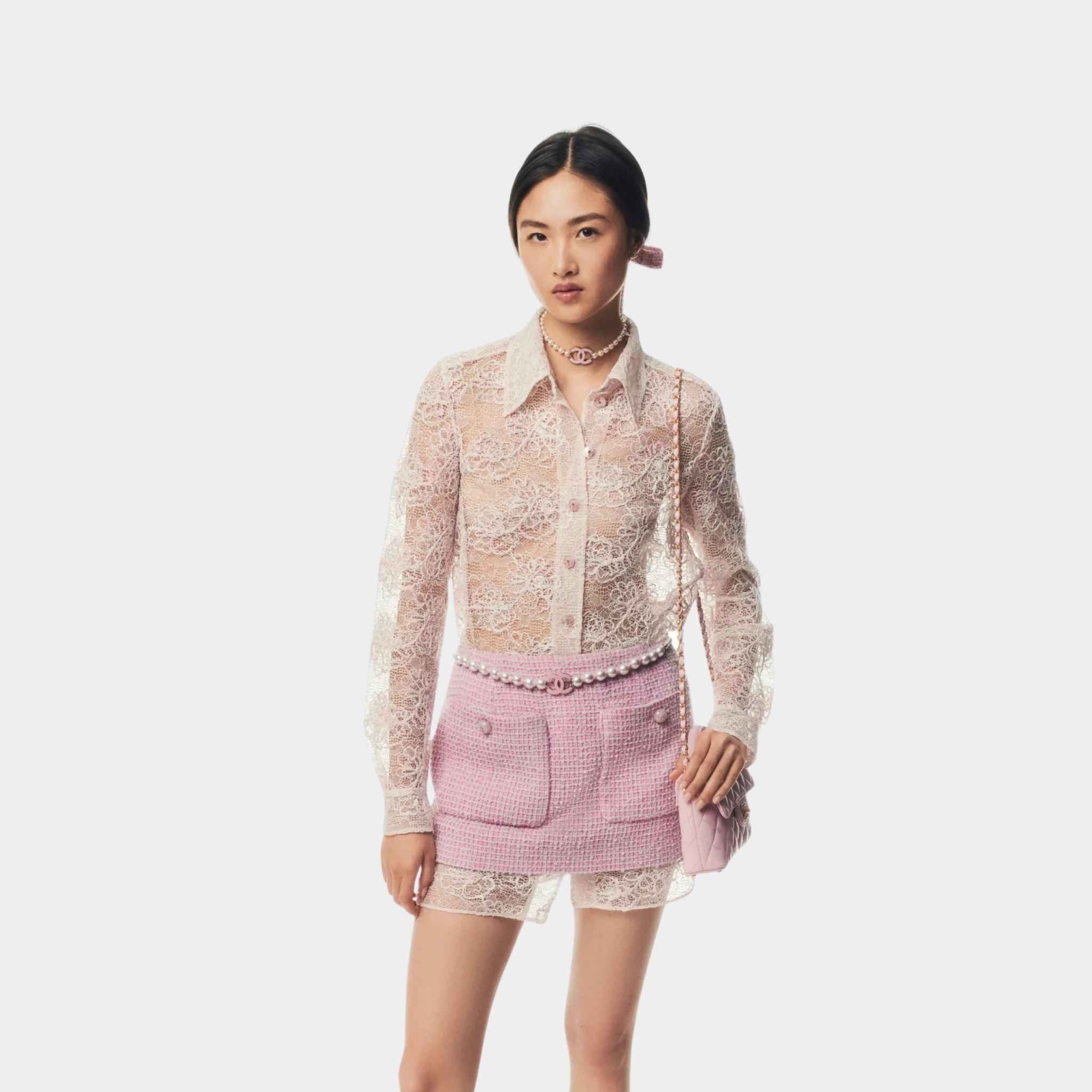 Chanel Skirt Cotton Tweed Light Pink &amp; Grey, Half