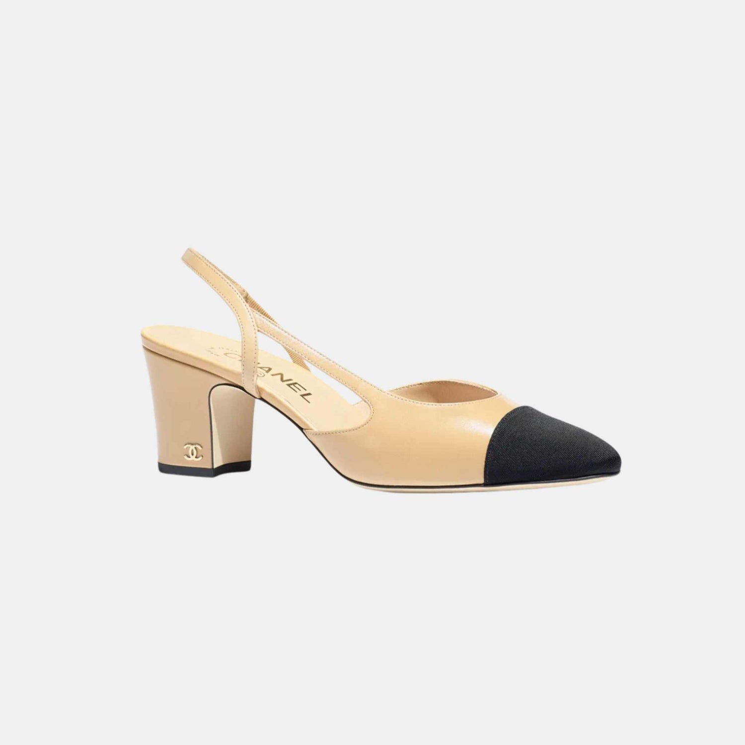 Chanel Slingback Goatskin &amp; Grosgrain Beige &amp; Black, Front