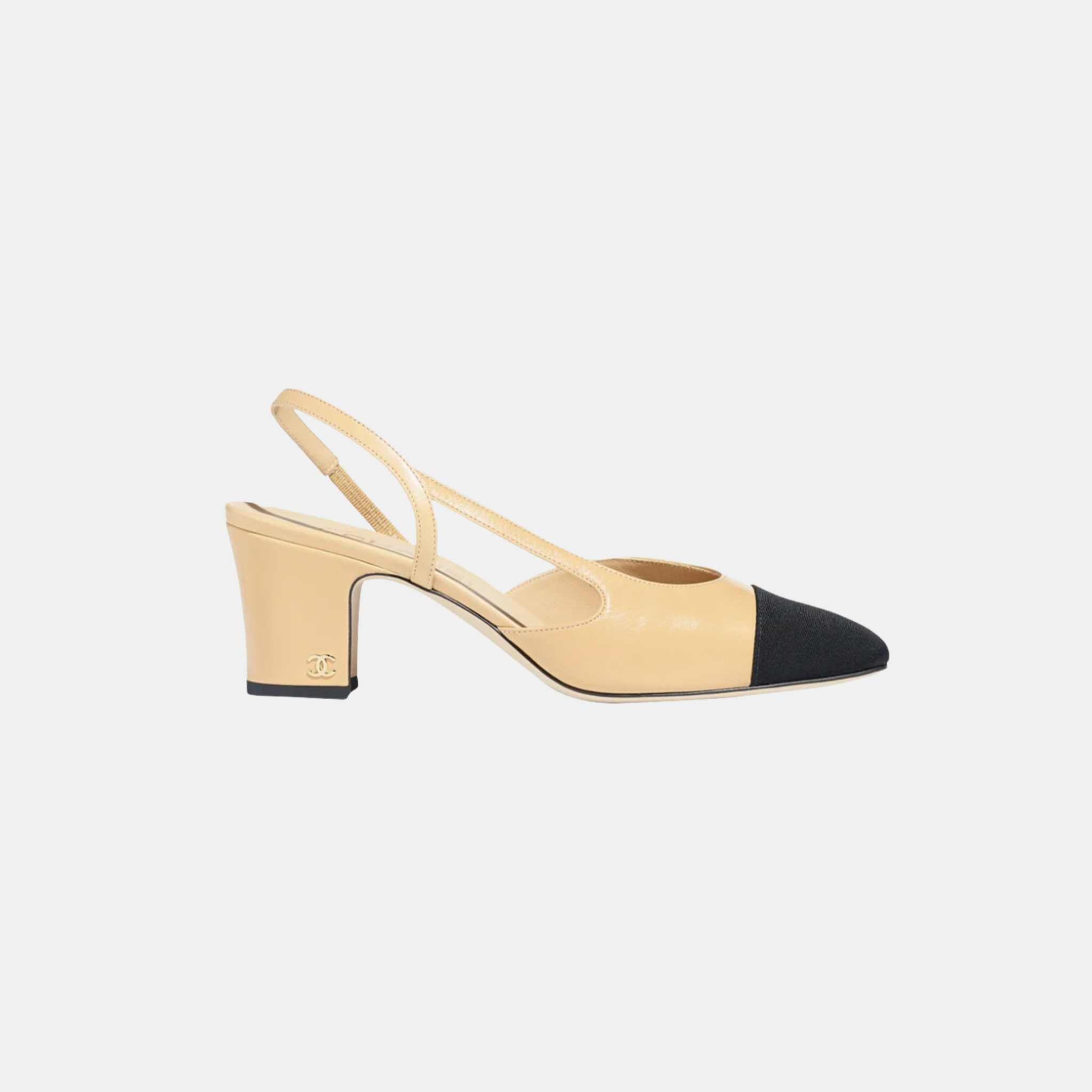 Chanel Slingback Goatskin &amp; Grosgrain Beige &amp; Black, Side