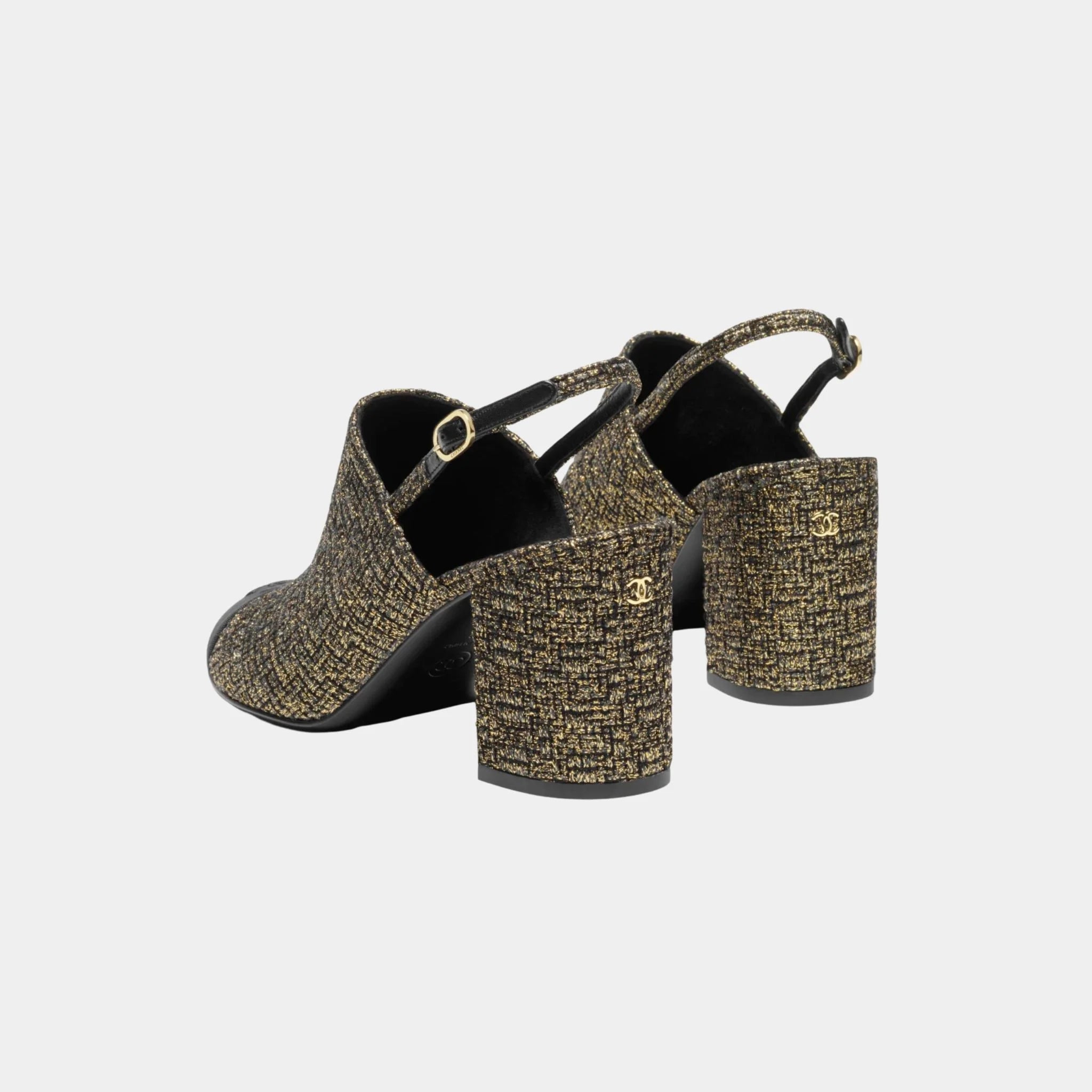 Chanel Slingback in Tweed &amp; Grosgrain, Black, Gold, Back