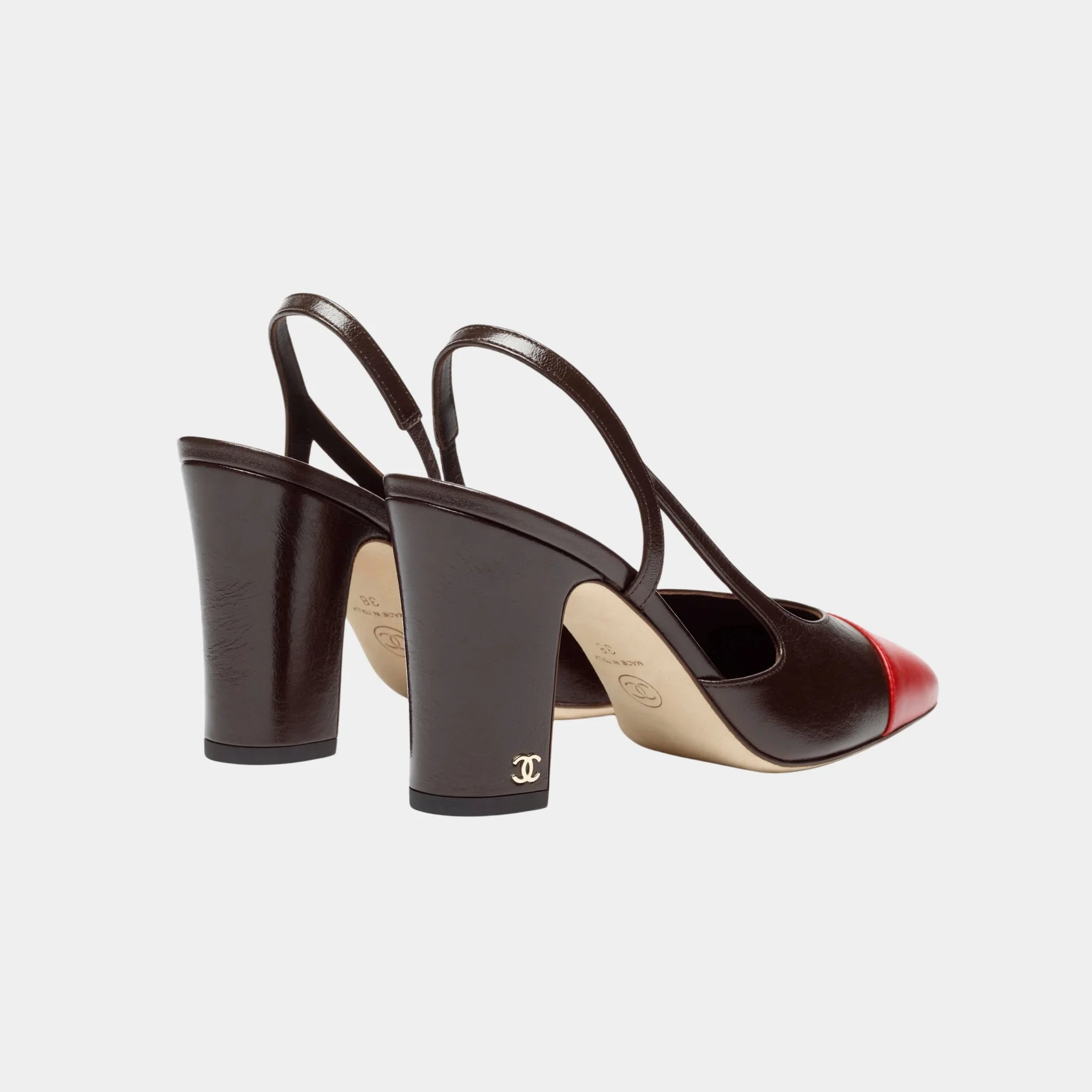 Chanel Slingbacks in Crumpled Shiny Lambskin, Dark Brown, Red, Back