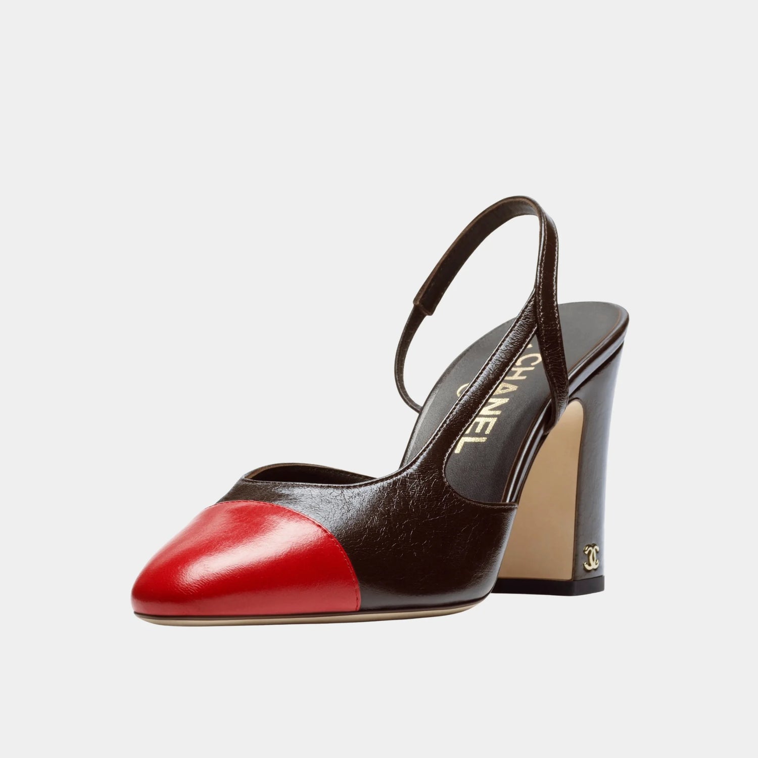 Chanel Slingbacks in Crumpled Shiny Lambskin, Dark Brown, Red, Front