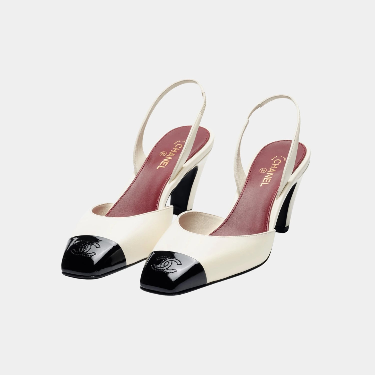 Chanel Slingbacks in Lambskin &amp; Patent Calfskin, Ivory Black, Front