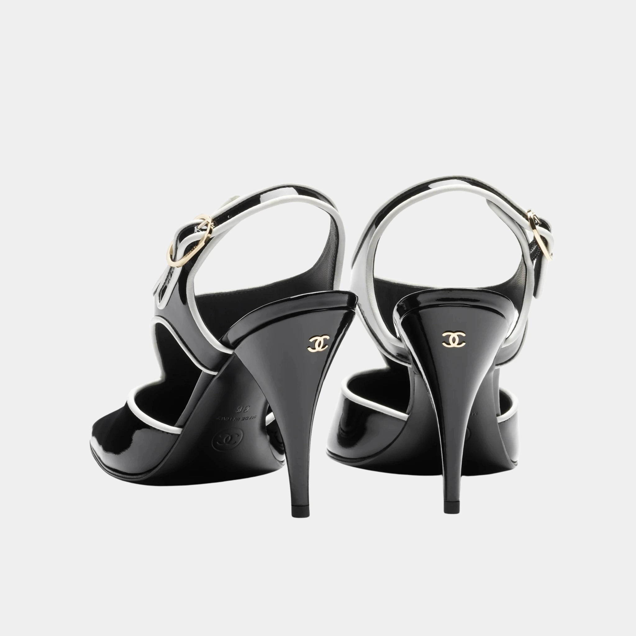 Chanel Slingbacks in Patent Calfskin &amp; Lambskin, Black, White, Back