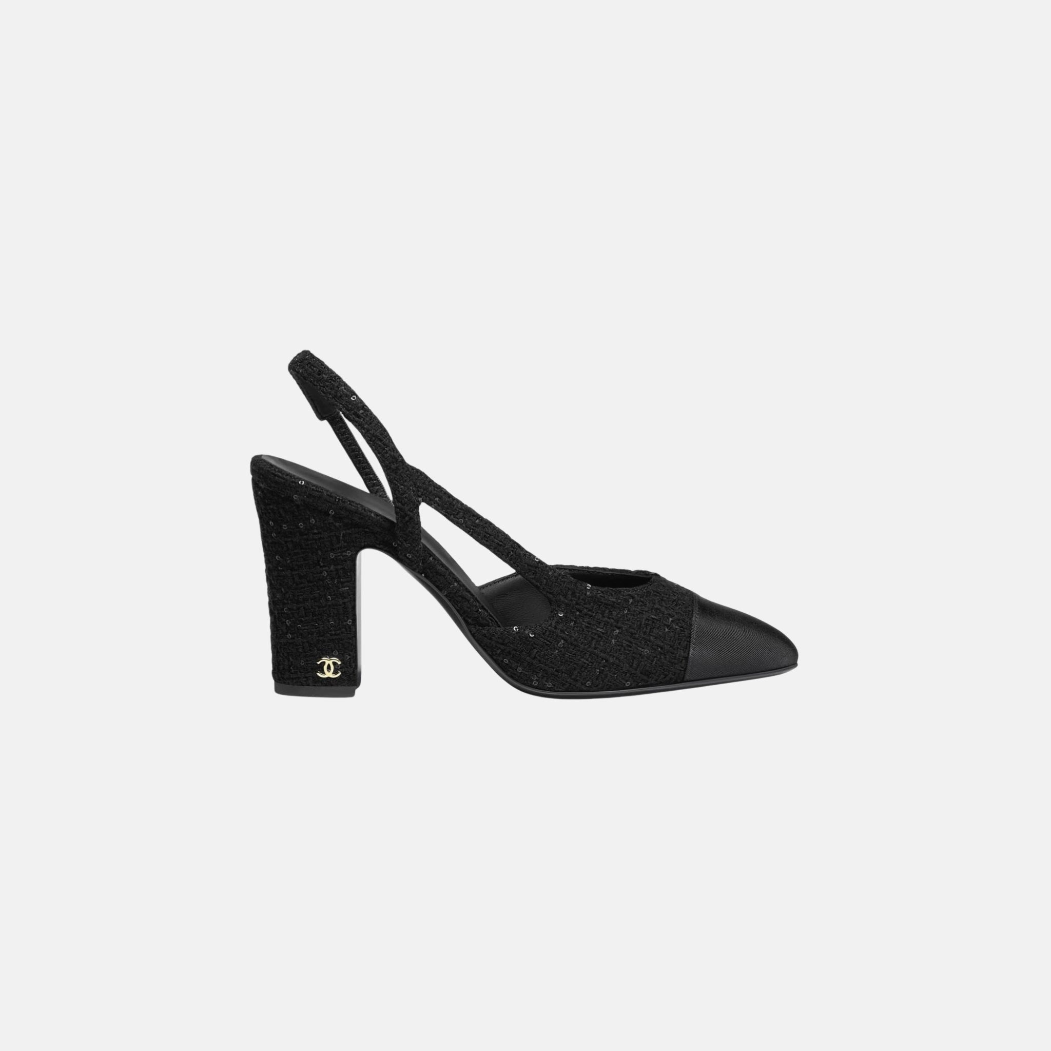 Chanel Slingbacks in Tweed, Black, Wool Tweed and Grosgrain, Side