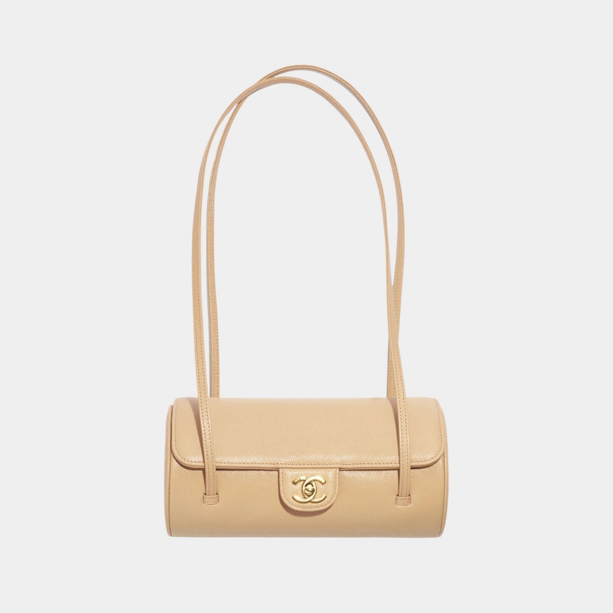Chanel Small Bowling Bag Grained Calfskin &amp; Gold tone Metal Dark Beige, Front 