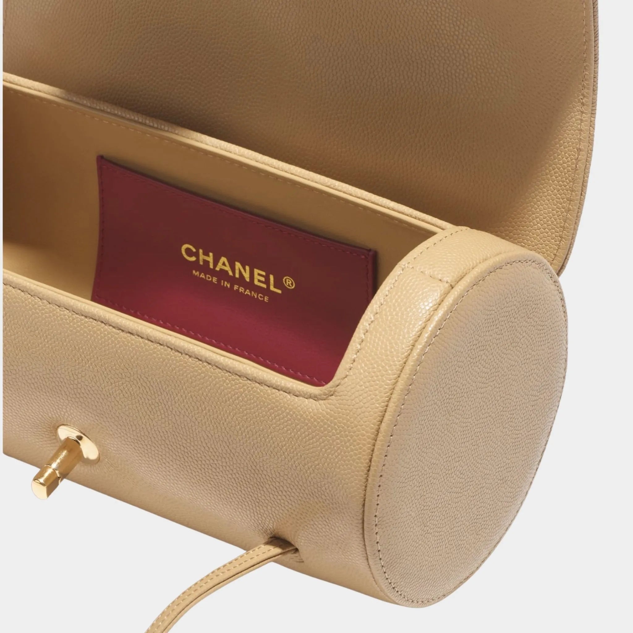 Chanel Small Bowling Bag Grained Calfskin &amp; Gold tone Metal Dark Beige, Interior