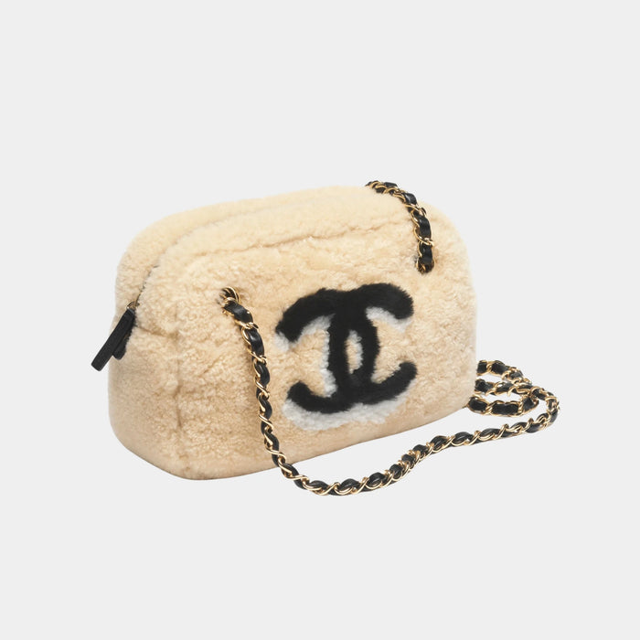 Chanel Small Camera Case Shearling Lambskin & Gold-Tone Metal Beige Black & Ecru — Coco Neige 2026