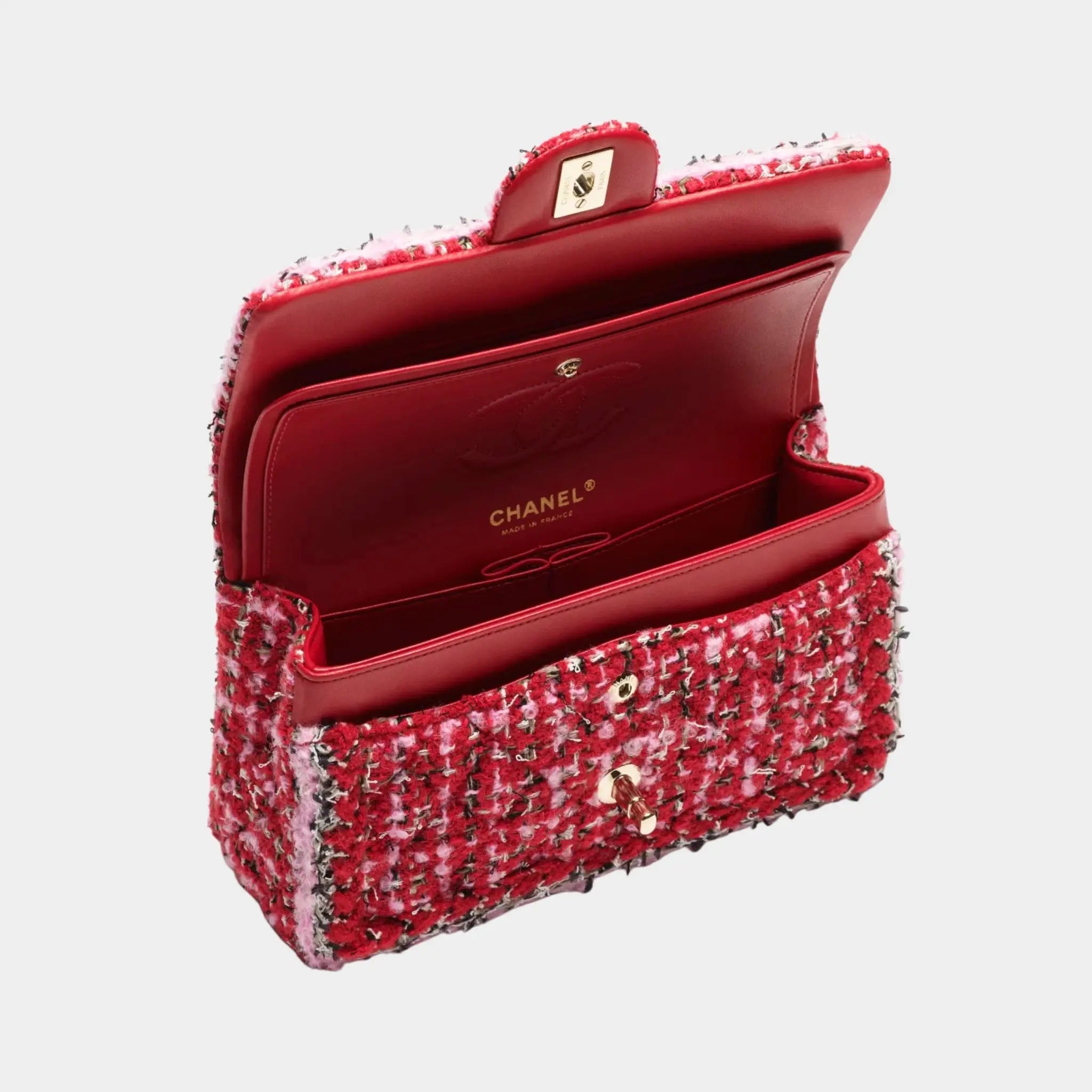 Chanel Small Classic Bag Tweed &amp; Gold Metal Red Pink &amp; Black, Inteior