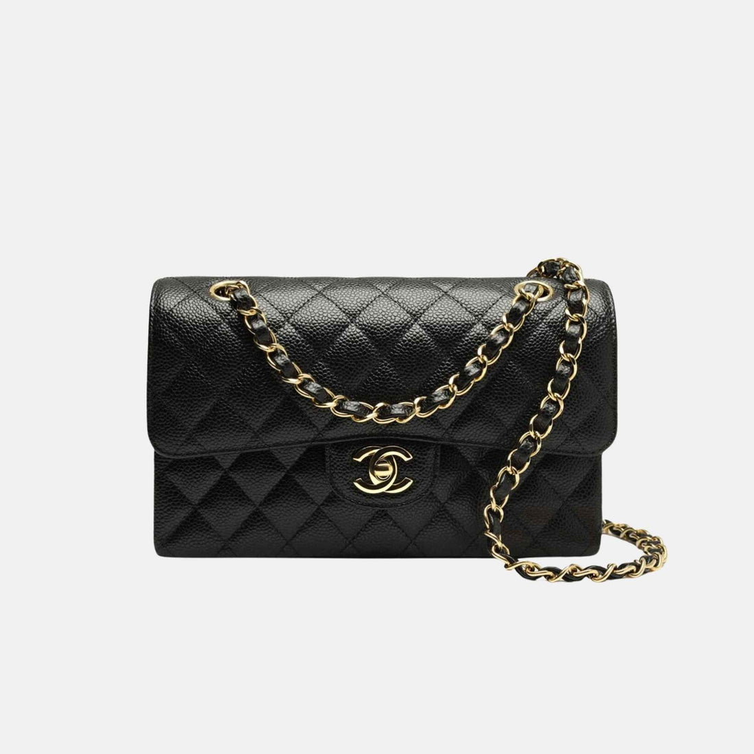 Chanel Small Classic Grained Calfskin Handbag In Gold Tone Metal, Front