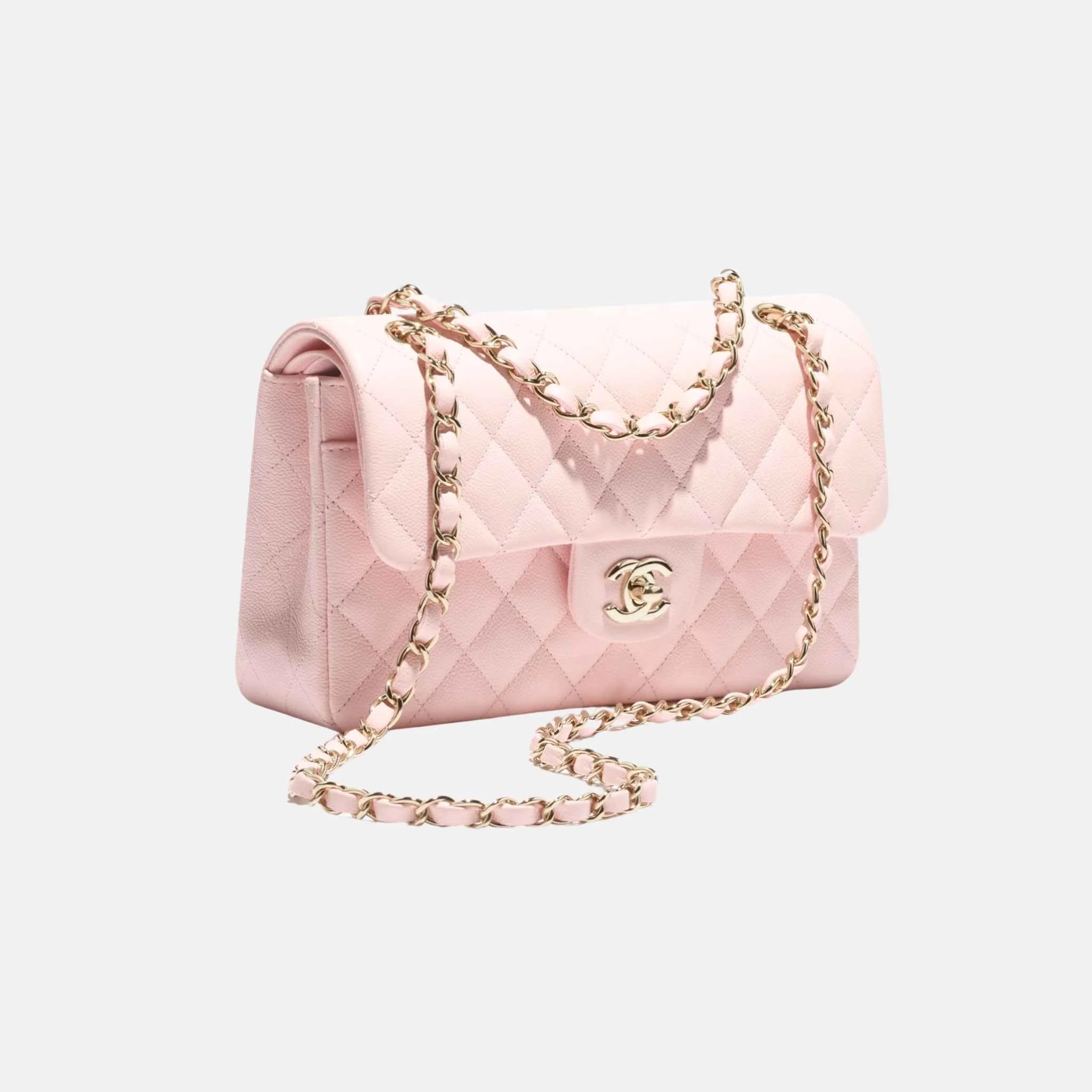 Chanel Small Classic Handbag Grained Shiny Calfskin Gold Tone Metal, Side