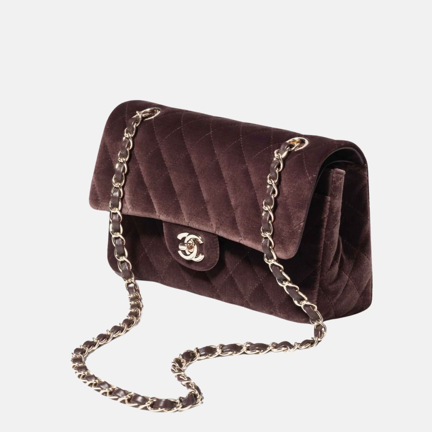 Chanel Small Classic Handbag In Velvet And Gold Metal, Dark Brown, Side