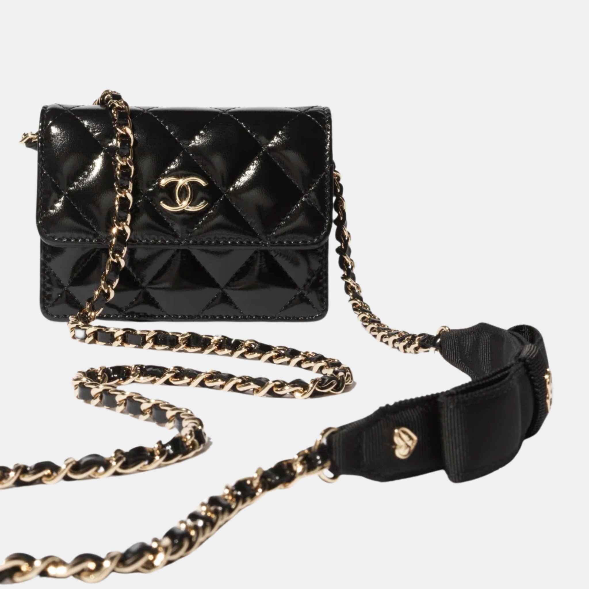 Chanel Small Clutch With Chain Shiny Lambskin Gold Tone Metal Black, CloseView