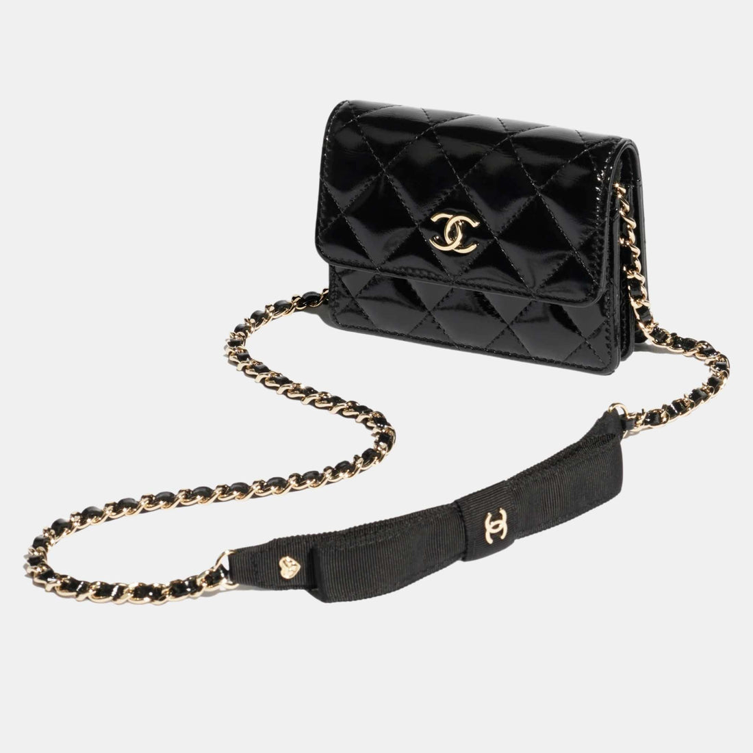 Chanel Small Clutch With Chain Shiny Lambskin Gold Tone Metal Black, FullView