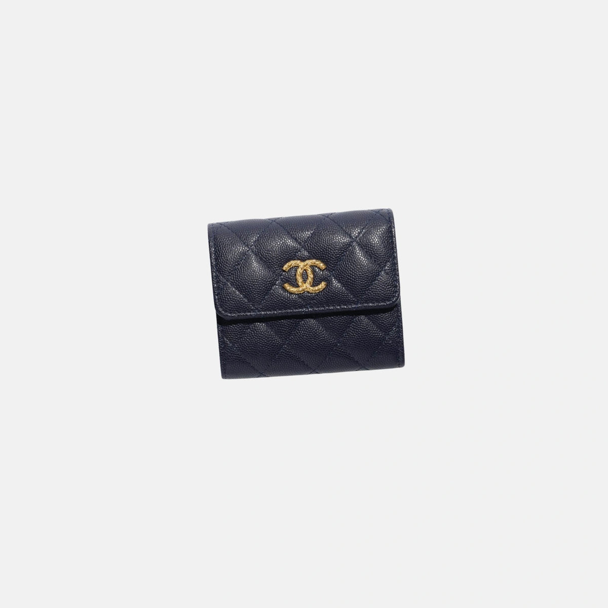 Small Double Wallet in Shiny Grained Calfskin Dark Blue with Gold Tone Metal