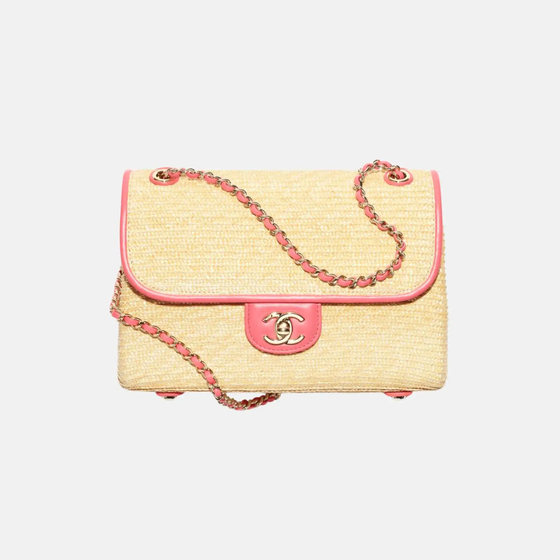 Chanel Small Flap Bag Braided Straw Lambskin Gold Tone Metal, Front