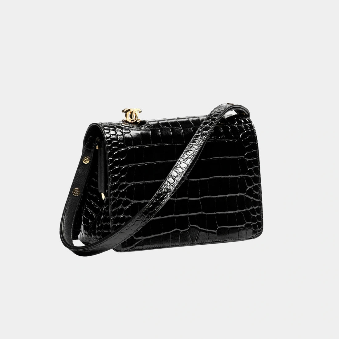 Small Flap Bag Crocodile Embossed Calfskin &amp; Gold-Tone Metal Black