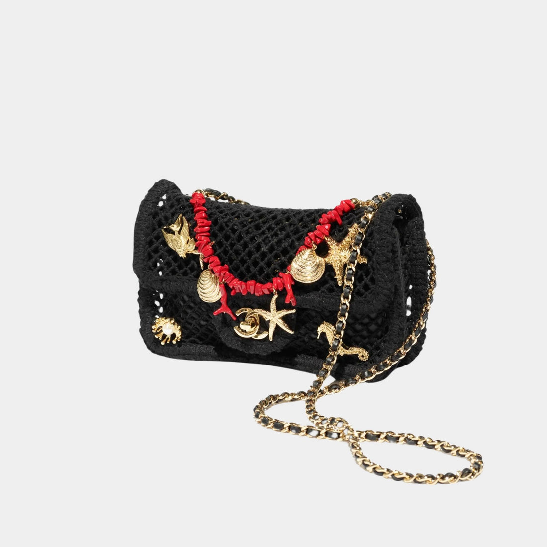Chanel Small Flap Bag Fishnet Charms Resin &amp; Gold-Plated Metal Black, Front 