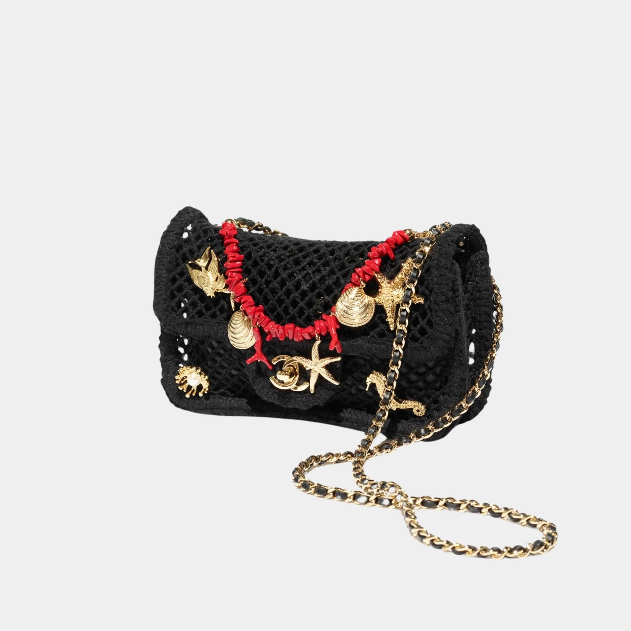 Chanel Small Flap Bag Fishnet Charms Resin &amp; Gold-Plated Metal Black, Front 