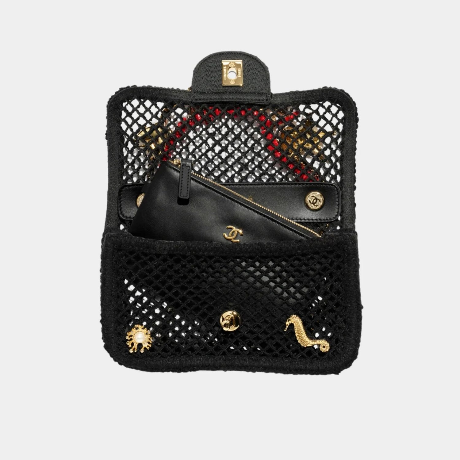 Chanel Small Flap Bag Fishnet Charms Resin &amp; Gold-Plated Metal Black, Front 