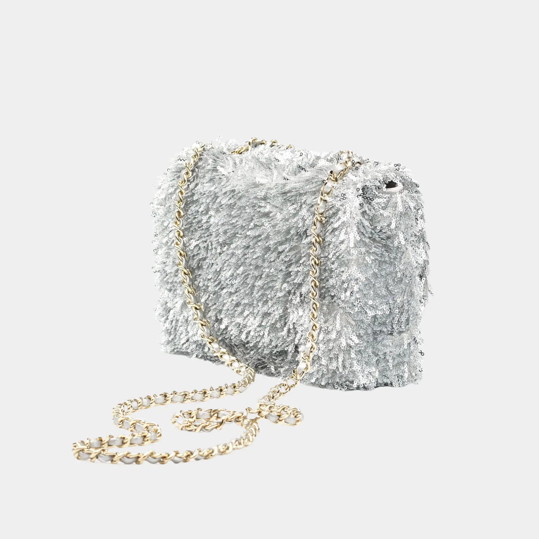 Small Flap Bag Fringed Sequins & Gold-Tone Metal Silver